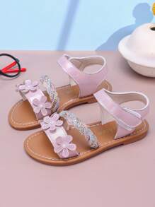 Mädchen Sommer Sandalen, elegantes Blumenmuster, modische flache Prinzessinnenschuhe, lässige Strandpantoffeln, geeignet für tägliche Ausflüge - Pink - Übersicht 4