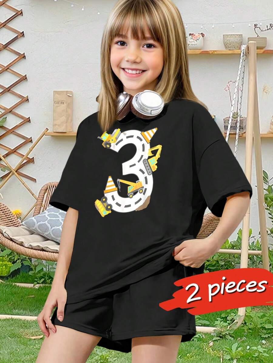 Boy's Girl's 3rd Birthday Construction Theme T-Shirts - Excavator Truck Digger Party Tees - Premium Cotton Short Sleeve Tops - Toddler Kids Outfit Gift - Black - View 1