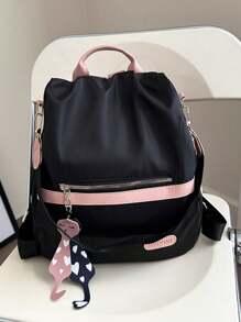 Versatile Solid Color Shoulder Dual-Use Backpack, Business Casual Commuter Computer Bag For Women, Large Capacity Vacation Travel Outdoor Backpacks With Pendant, Back To School Bookbag For High School Students And College Students - Black - View 10