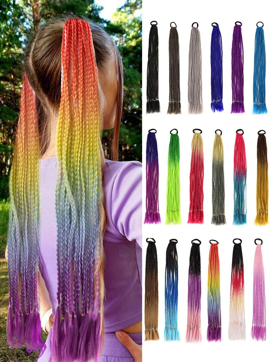 带橡皮筋的彩色辫子接发彩虹编织合成假发马尾辫发饰女孩假发派对角色扮演假发 - 彩色 - 查看 1