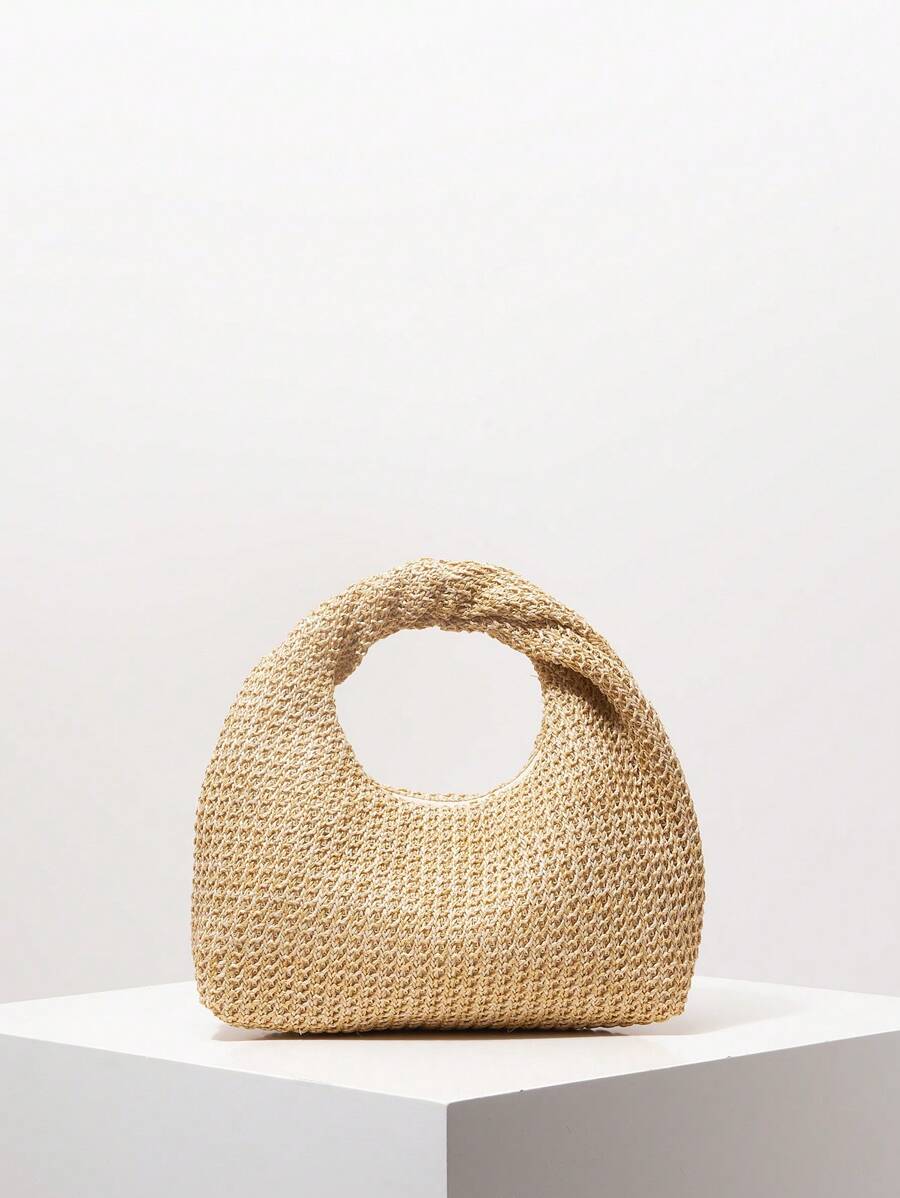 Túi dệt xoắn rỗng thời trang, Túi đi biển Boho dành cho nữ, Túi xách xếp nếp phong cách cao cấp, Ví rơm thường ngày ngày lễ, Đồ dùng thiết yếu ngày lễ (Họa tiết ngẫu nhiên) - Màu Khaki - Xem 1