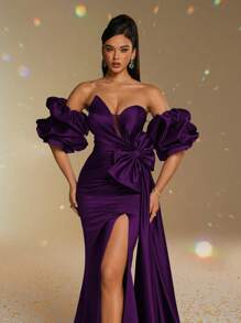 Smilprince New Elegant Formal Evening Gown, Sheath Off-Shoulder Ruffle, Bow Satin, Elegant Party, Prom Dresses For Women, For Wedding Guest - 紫色 - 查看 5
