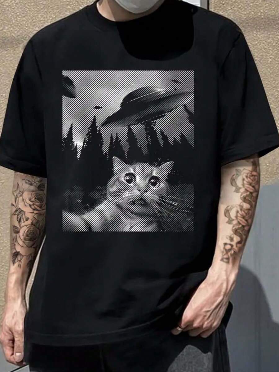 CAT ET T-Shirt Men's Y2K Style Graphic Cotton T-Shirt - Soft & Comfortable Crew Neck Short Sleeve Tee Pwith Bold Portrait Print, Hip Hop Streetwear Fashion Top for All Seasons, Casual Streetwear | Round Neck Tshirt | Cotton Shirtp - Negro - Ver 1