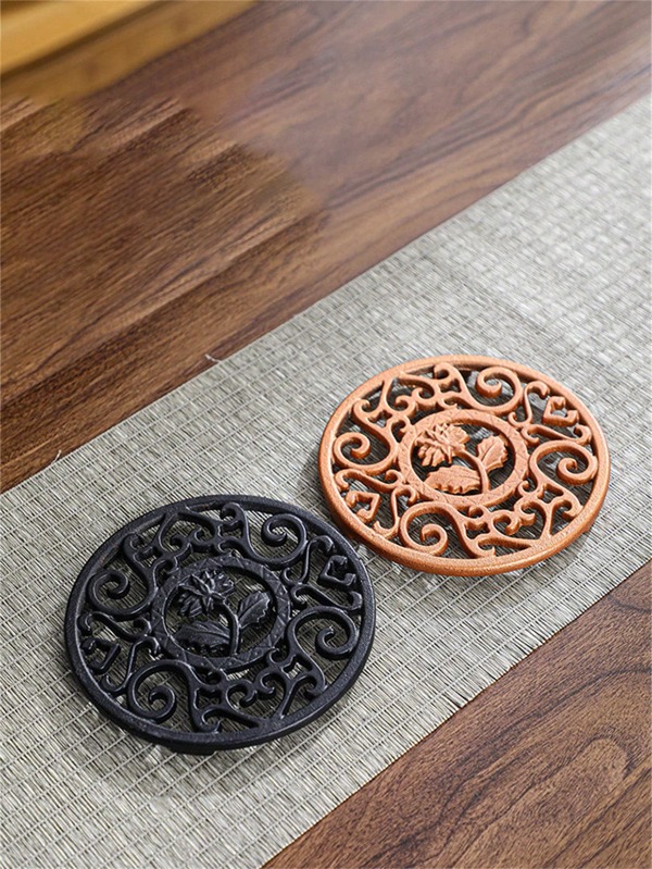 2pcs/1pc Vintage Cast Iron Teapot & Hot Dish Trivet Mat, Chrysanthemum Design Heat Insulation Coaster For Desktop