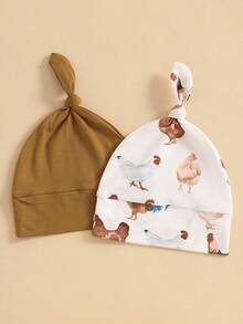 Conjunto de 4 pijamas para bebé con gorros, estampado de pollo y pato, cuello redondo, manga larga, para recién nacidos, con nudo - marrón café - Ver 3