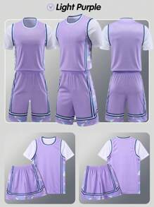 Set de 2 piezas personalizado para niños preadolescentes: Camiseta de baloncesto de manga corta + pantalones cortos con texto, número y logo impresos - Ropa deportiva para uso en equipo primavera/verano