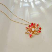 Stunning Enamel Red Lotus Pendant Necklace On Gold Chain, Embellished With Pearl And Cz - Pink - View 3