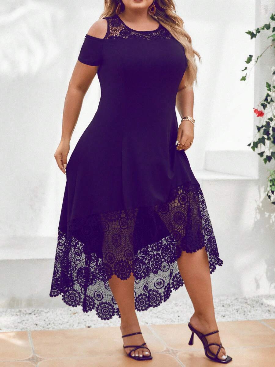 Plus Size Lace Patchwork Open Shoulder Sleeve Midi Dress - Purple - View 1