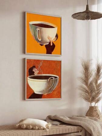 2 件/套女性与咖啡无框帆布海报，现代复古艺术装饰，水墨画风格印刷，适用于家庭办公室、客厅、卧室、厨房壁挂艺术品