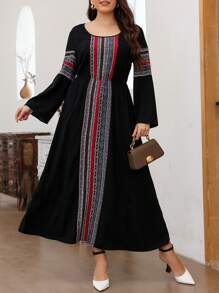 Plus Size Women Striped & Ditsy Floral Round Neck Flared Sleeve Arabic Style Long Dress,Modest - Black - View 4