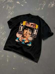 T-Shirt Men's Y2K Style Graphic Cotton T-Shirt - Soft & Comfortable Crew Neck Short Sleeve Tee Pwith Bold Portrait Print, Hip Hop Streetwear Fashion Top for All Seasons, Casual Streetwear | Round Neck Tshirt | Cotton Shirtp - Negro - Ver 3