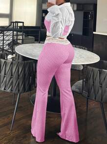 女士时尚格子弹力吊带背心蕾丝边上衣和裤子两件套 - 玫紅色 - 查看 4