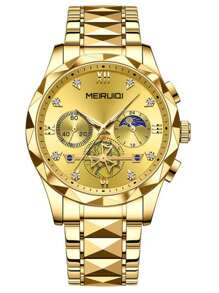 1 pieza Reloj de pulsera de cuarzo para hombres con correa de acero inoxidable, diseño de fase lunar, elegante y