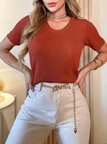 Women's Basic Ribbed Round Neck Blouse - Óxido marrón - Ver 2