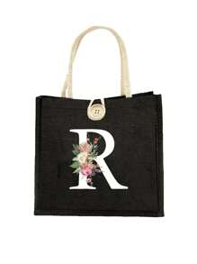 Letter Pattern Handbag Floral Print Linen Handbag Button Decorated Handbag Minimalist Large Capacity Handbag Portable Casual Storage Handbag - Black - View 23