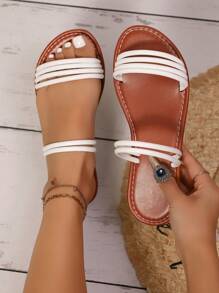 Ladies' Flat Sandals In Black, White And Brown, Fashion Summer Beach Slippers, Woven Sandals For Commuting And Vacation, Bungee Lacing Sandals - White - View 5