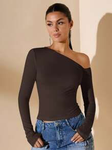 Women's Minimalist Asymmetric Shoulder Long Sleeve Slim Fit T-Shirt Top, Daily Wear, Fall/Winter - 咖啡棕 - 查看 7
