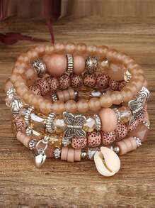 4 Peças Conjunto de Pulseira com Contas de Vidro, Contas de Madeira e Pingente de Concha em Estilo Boho para Praia e Férias, Joia Casual e Versátil para Mulheres