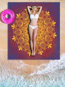 1pc New Oriental Art Style Rectangular Lightweight Beach Blanket Multi-Purpose Water And Sand Resistant Deep Red Background With Gold Mandala Design Rug Digital Printing Fabric Picnic Blanket Beach Essentials