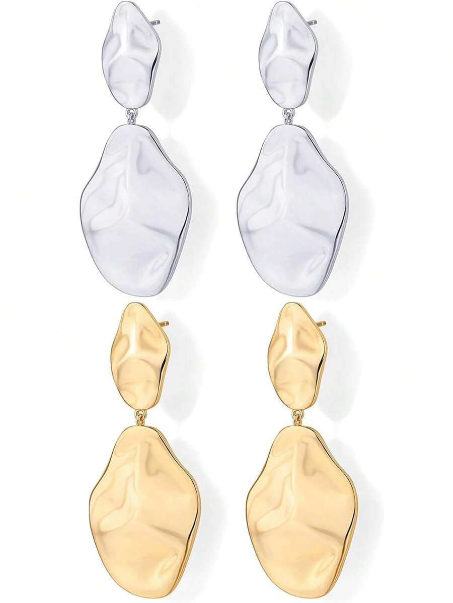 2 Pairs Fashionable Luxury Stainless Steel Polished Geometric Pendant Earrings, Suitable For Women's Daily Wear