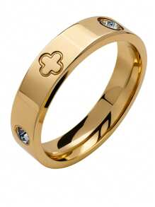 1 件奢华不锈钢幸运四叶草情侣戒指,闪亮水晶点缀,适合情侣日常佩戴的精美珠宝 - 金色 - 查看 12