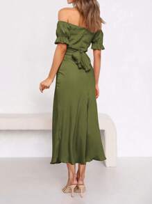 Women's Summer Satin Midi Dress Off The Shoulder Wrap Ruched Wedding Guest Party Cocktail Formal Prom Dresses - Army Green - View 3