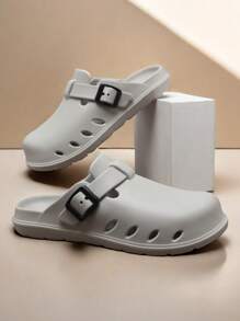 2025 New Men's Flat Bottom Wooden Clogs, Minimalist Fashion Casual Slip-On Retro Adjustable Buckle Sandals For Travel, Beach, Party, Couple, Indoor Slippers, Thick Breathable Solid Color Round Toe Hollow Shoes - Grey - View 6