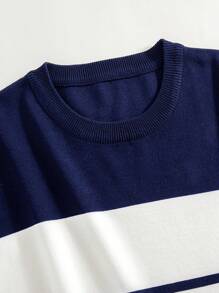 T-shirt girocollo a maniche corte in maglia da uomo - a blocchi di colore blu navy e bianco - con motivo a righe - tessuto confortevole - design alla moda per uso casual quotidiano e uscite del fine settimana