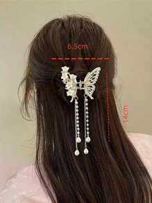 1 件水钻、仿珍珠和流苏蝴蝶翼发夹，高端女士发饰发夹 - 米色 - 查看 7
