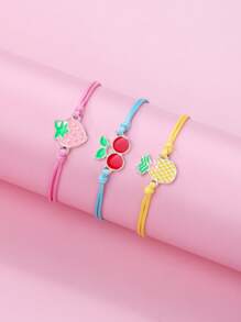 3 件套女孩草莓、樱桃、菠萝元素设计锌合金彩色蜡绳编织手链首饰套装，适合日常佩戴 - 彩色 - 查看 3
