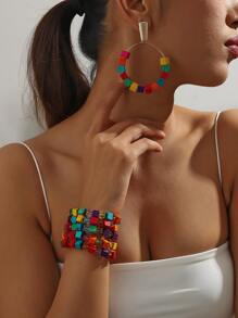 2 peças/conjunto Boho Handmade Beaded Multi Layer Pulseira Brincos Conjunto, Conjunto de Jóias Elegantes