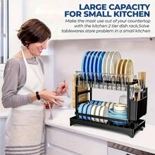 2-poziomowa duża suszarka do naczyń ze stali nierdzewnej z ociekaczem do blatu kuchennego - mieści talerze, noże, kubki i deski do krojenia, czarna, oszczędzająca miejsce konstrukcja do małych kuchni, organizer na blat kuchenny | Nowoczesne akcesoria kuchenne | Uchwyt o dużej pojemności, suszarka do naczyń do blatu kuchennego