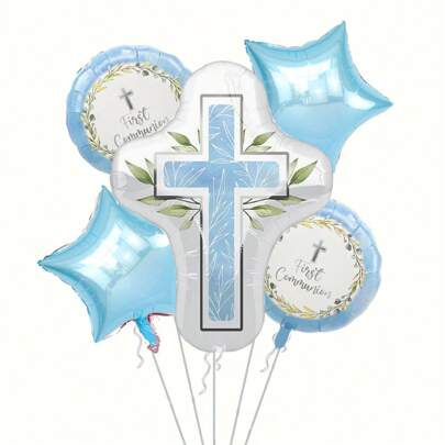 5pcs Blue Pink Cross Balloon Jumbo Baptism First Baptism Party Decor For Boys Girls/ Star Balloon/Baby Shower Birthday Christening Balloon Home Outdoor Decoration