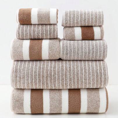 8pcs Set Coral Fleece Towel And Bath Towel, Includes 4pcs Hand Towels, 2pcs Towels, And 2pcs Bath Towels, Soft And Absorbent Stripe Towel And Bath Towel Set For Bathroom, Hotel, Home, Kitchen, Hot Tub, Pool, Swim, Spa, Bathroom Accessories