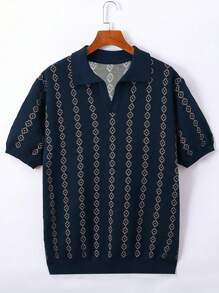 Men's Vintage Jacquard Pattern Short Sleeve Knit Top - Navy Blue - View 1