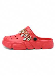 CIVHOM Women's Floral & Rhinestone Decor Clogs, Slip On Soft Sole Platform Casual Garden Slides, Summer Non-Slip Beach Slides - Burgundy - View 2