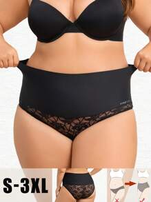 Women High Waist Lace Patchwork Breathable Solid Color Briefs - Black - View 1