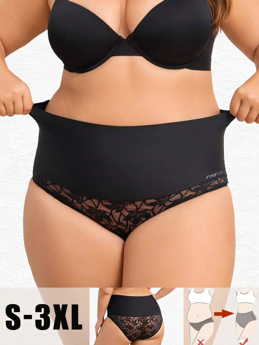 Women High Waist Lace Patchwork Breathable Solid Color Briefs - Black - View 1