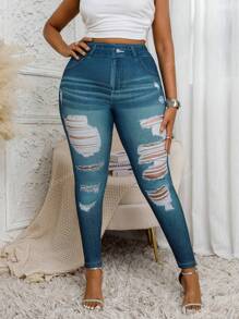 Plus Size Skinny Jeggings With Torn & Hollow Print, Street Fashion High Stretch Casual Long Pants For Women