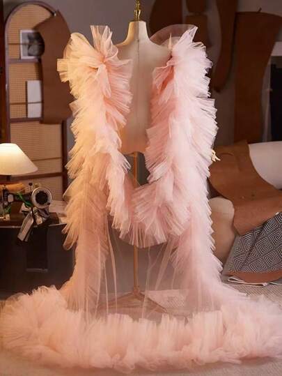 European And American Style Bride Veil & Shawl Accessory With Trailing Cape For Formal Gowns, Emcee Evening Dress