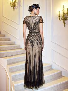 LVNES Long Elegant Gatsby Beaded Sequin Gown, Feather Patterns Wedding Guest Prom Homecoming Dress - Apricot - View 2