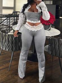 Women's Fashion Plaid High-Elasticity Camisole Top With Lace Trim And Pants 2 Pieces Set - 黑與白 - 查看 4