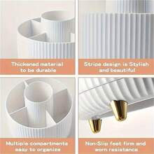 1 pieza Organizador giratorio de 360° para maquillaje - Organizador de cosméticos de plástico multifuncional con 5 compartimentos para brochas, lápices labiales, productos de cuidado de la piel y artículos de papelería - Organizador de escritorio con diseño de rayas de lujo