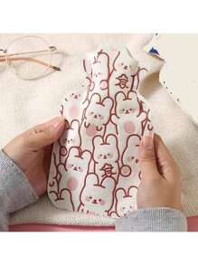 1pc Cartoon Print Water Injection Hot Water Bottle, 300ml, Flocked PVC Material
