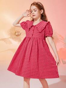 ASK JUNIOR Vestido casual de verano con mangas abullonadas a cuadros para niñas preadolescentes