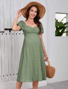 GoyRrbay Women's Short Puff Sleeve Maternity Dress Summer Sweetheart Collar Backless Dress - 軍綠色 - 查看 3
