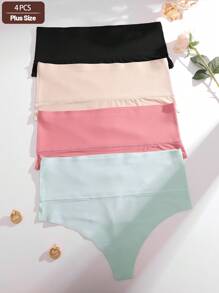 4pcs Plus Size Women Solid Mesh High Waist Soft Seamless High Elasticity Thong Panties, Ladies Underwear