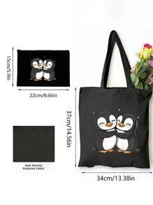2pcs/Set Cute Penguin Print Handbag - Women's Fashion Tote Bag With Small Zipper Cosmetic Pouch, Reusable Shopping Bag, Compact Design For Daily Use - Black - View 5