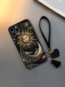 1 pieza Funda protectora de teléfono con borde perforado en forma de luna negra, diseño 3D resistente a golpes, con un nuevo diseño de cordón con forma de corazón como accesorio de teléfono DIY, con borla corta pendiente de la muñeca
