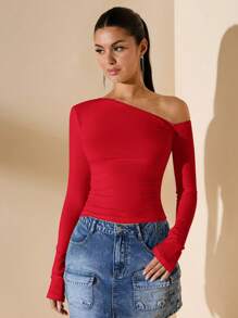Women's Minimalist Asymmetric Shoulder Long Sleeve Slim Fit T-Shirt Top, Daily Wear, Fall/Winter - 紅色 - 查看 1